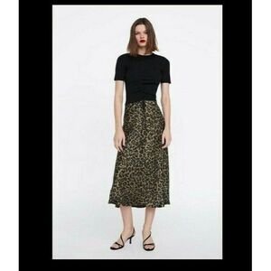 Zara‎ Skirt Animal Print Green Brown Khaki Satin A-line Midi Skirt Size X-Small